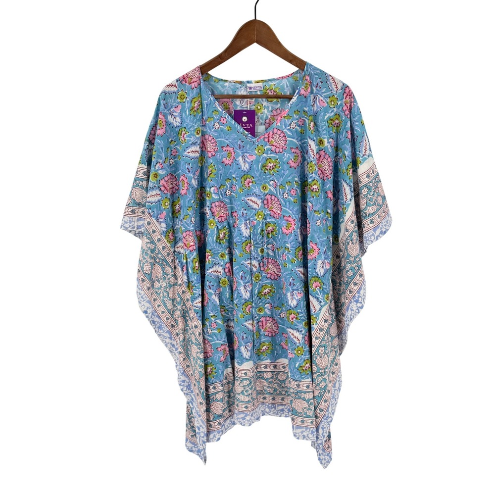 Sevya Kaftan Blue Floral OS NWT Handmade Cotton Block Print Boho Coverup